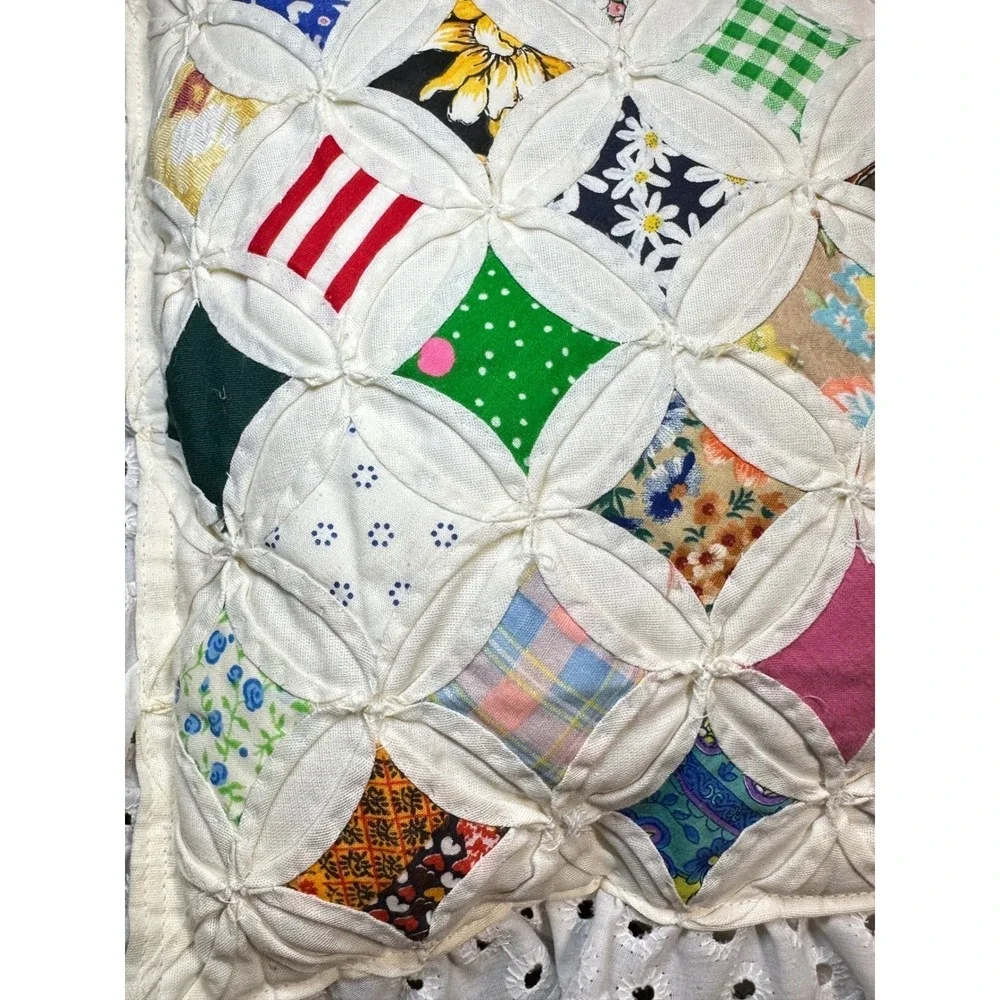 Vtg Handmade Cathedral Window Quilt Pillow 12x12 Double Side Eyelet trim grandma